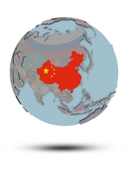 中国国旗在政治地球仪上 影子被孤立在白色背景上 — 图库照片