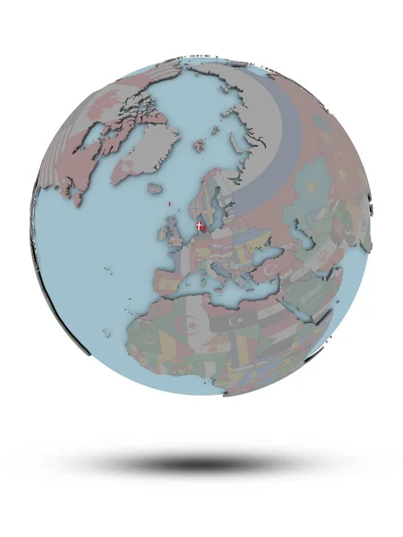 Denmark National Flag Political Globe Shadow Isolated White Background Illustration — Stock Photo, Image