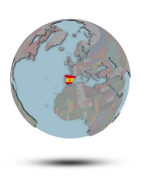 Hiszpania Flagi Narodowej Globus Polityczny Cienia Białym Tle Ilustracja — Zdjęcie stockowe