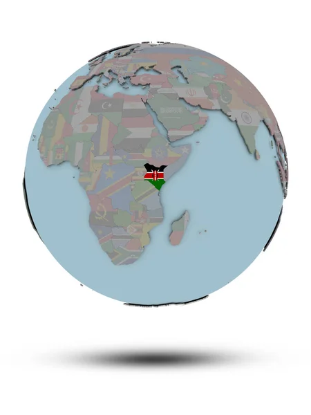 Kenia Mit Nationalflagge Auf Politischem Globus Mit Schatten Auf Weißem — Stockfoto