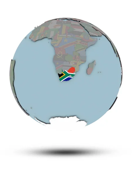 Sudafrica Con Bandiera Nazionale Sul Globo Politico Con Ombra Isolata — Foto Stock