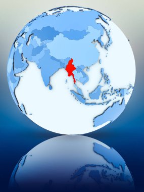 Myanmar yansıtıcı yüzeyi mavi dünya üzerinde. 3D çizim.
