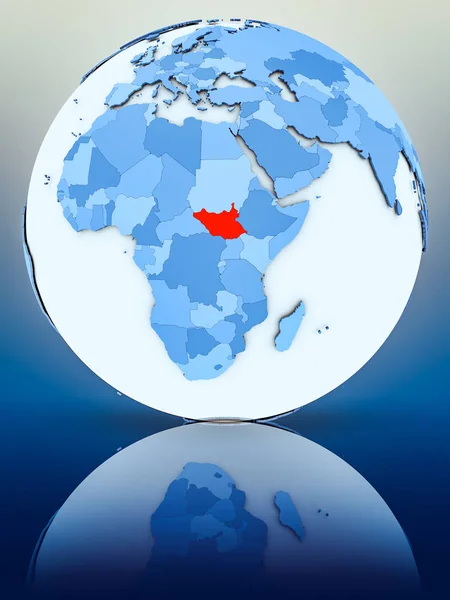 South Sudan on blue globe on reflective surface. 3D illustration.