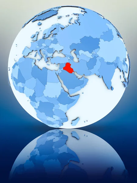 Iraq on blue globe on reflective surface. 3D illustration.