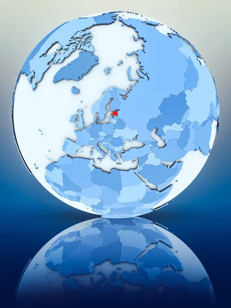 Estonia on blue globe on reflective surface. 3D illustration.