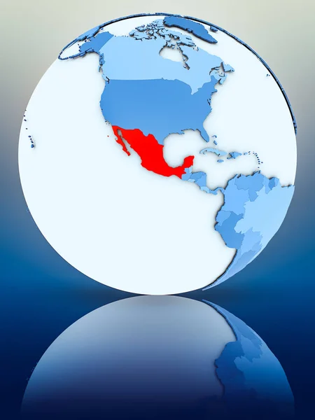 Mexico on blue globe on reflective surface. 3D illustration.