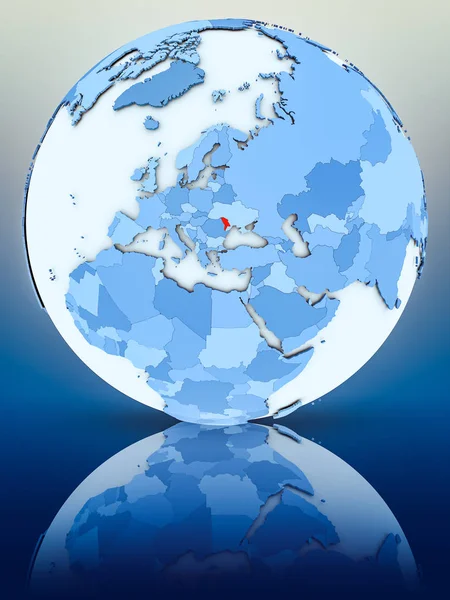Moldova on blue globe on reflective surface. 3D illustration.