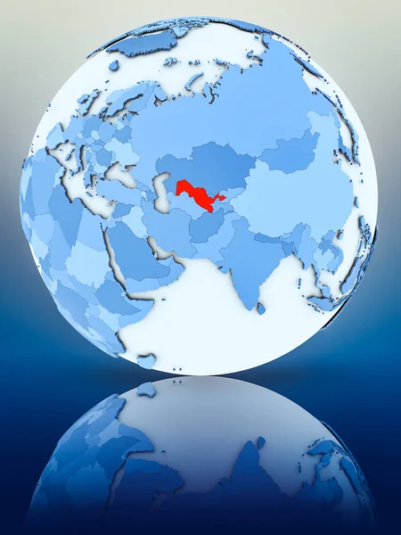 Uzbekistan on blue globe on reflective surface. 3D illustration.