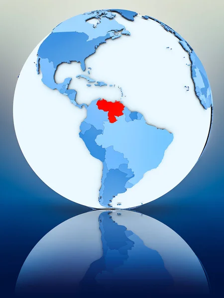 Venezuela on blue globe on reflective surface. 3D illustration.