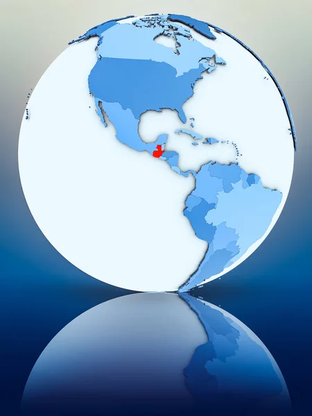Guatemala on blue globe on reflective surface. 3D illustration.