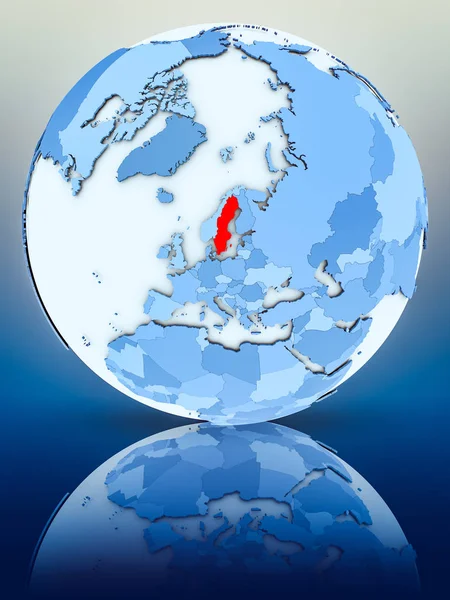 Sweden on blue globe on reflective surface. 3D illustration.