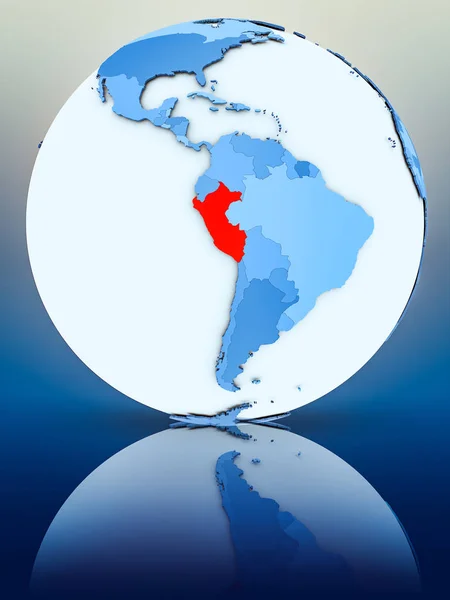 Peru on blue globe on reflective surface. 3D illustration.