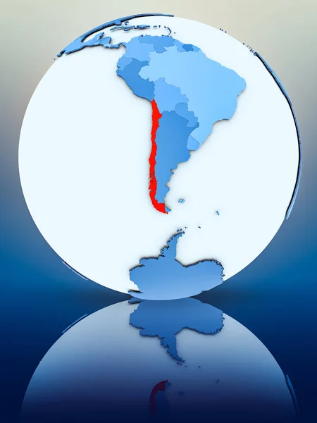 Chile on blue globe on reflective surface. 3D illustration.