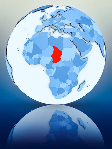 Chad on blue globe on reflective surface. 3D illustration.
