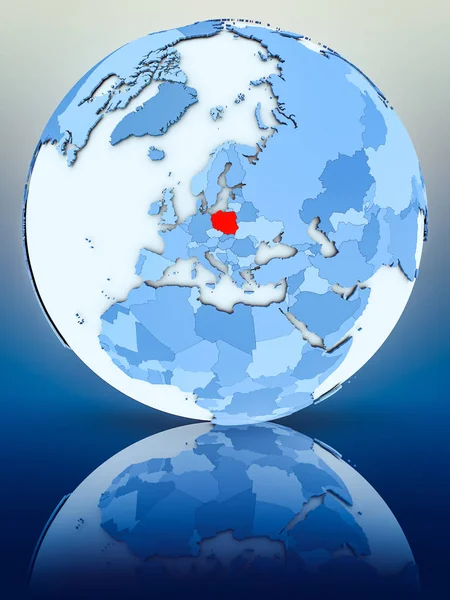 Poland on blue globe on reflective surface. 3D illustration.