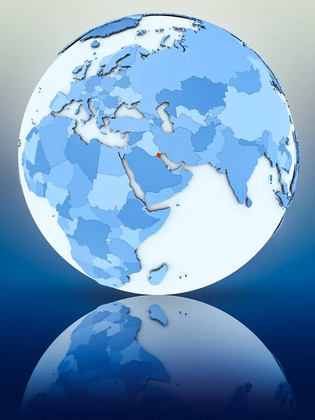 Kuwait on blue globe on reflective surface. 3D illustration.