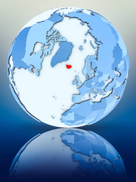 Iceland on blue globe on reflective surface. 3D illustration.