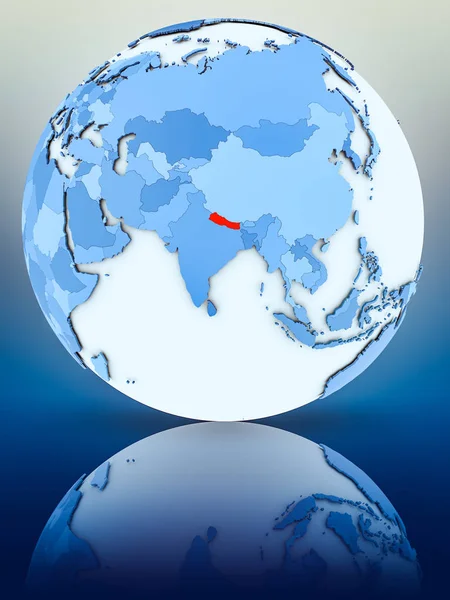 Nepal on blue globe on reflective surface. 3D illustration.