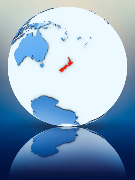 New Zealand on blue globe on reflective surface. 3D illustration.