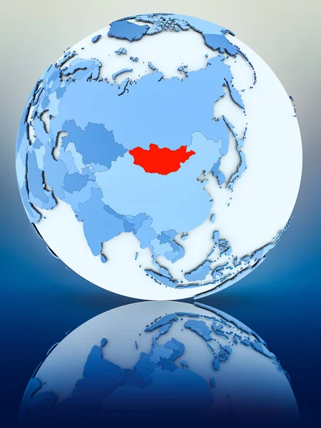 Mongolia on blue globe on reflective surface. 3D illustration.