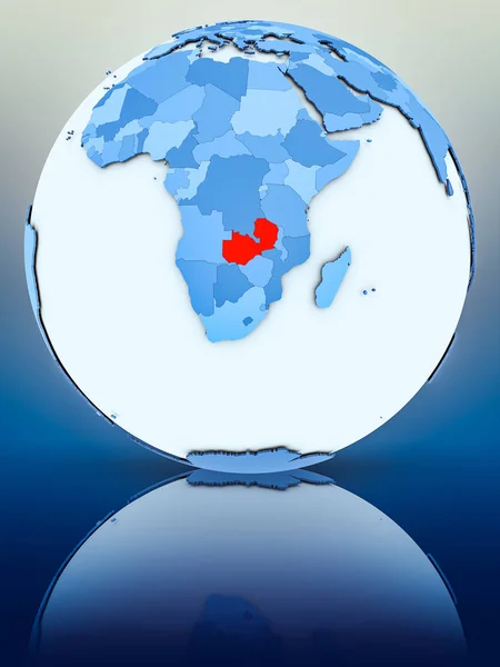 Zambia on blue globe on reflective surface. 3D illustration.