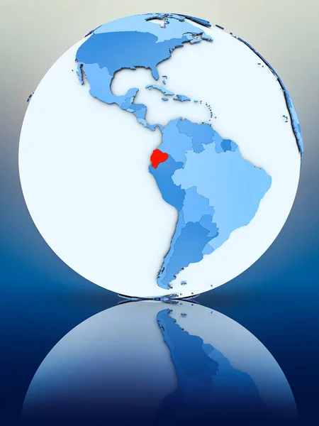 Ecuador on blue globe on reflective surface. 3D illustration.