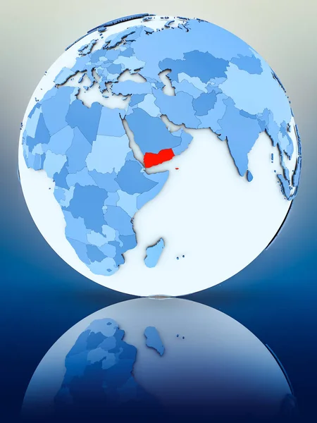 Yemen on blue globe on reflective surface. 3D illustration.