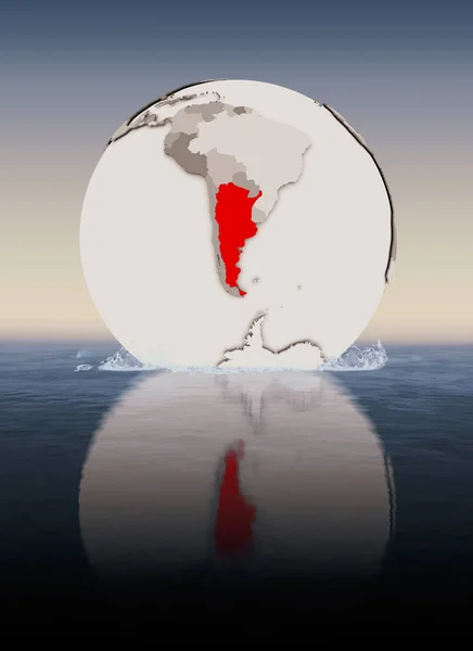 Argentina In red on globe floating in water. 3D illustration.