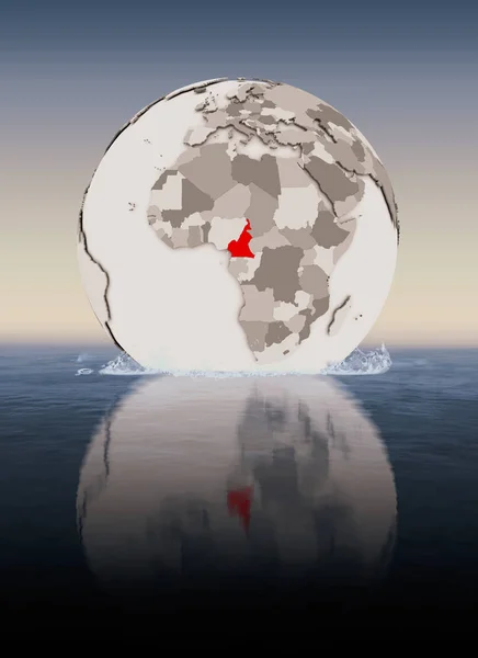 Cameroon In red on globe floating in water. 3D illustration.