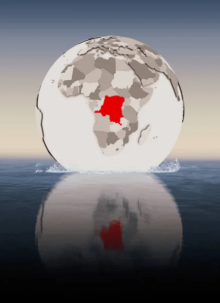 Democratic Republic of Congo In red on globe floating in water. 3D illustration.