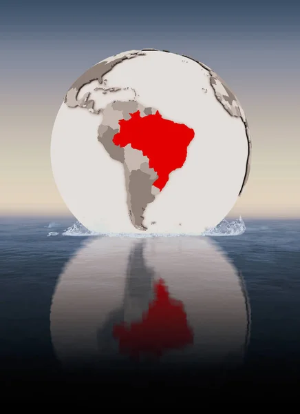 Brazil In red on globe floating in water. 3D illustration.