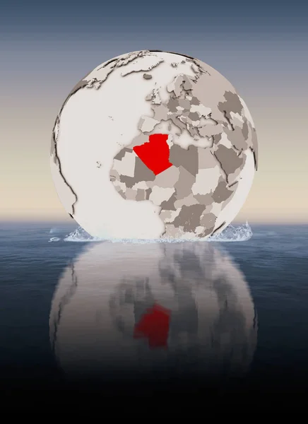 Algeria In red on globe floating in water. 3D illustration.