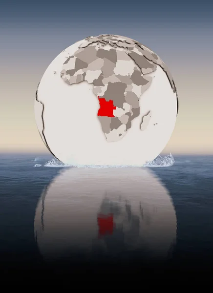 Angola In red on globe floating in water. 3D illustration.