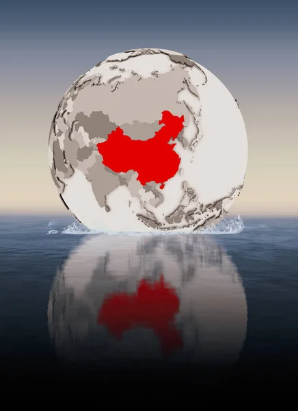 China In red on globe floating in water. 3D illustration.