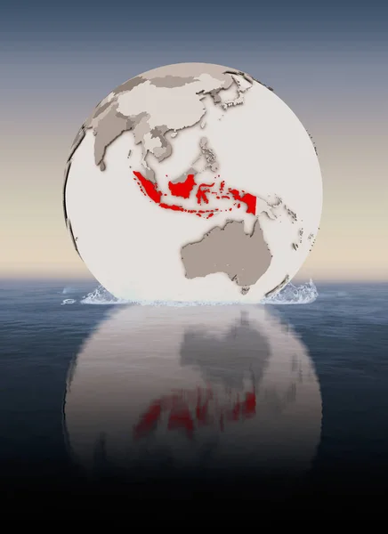 Indonesia In red on globe floating in water. 3D illustration.