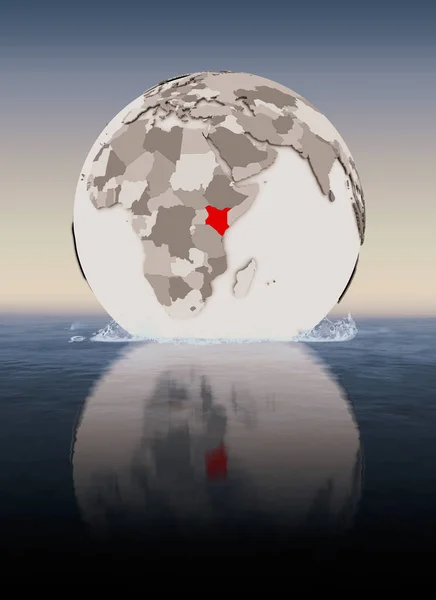 Kenya In red on globe floating in water. 3D illustration.