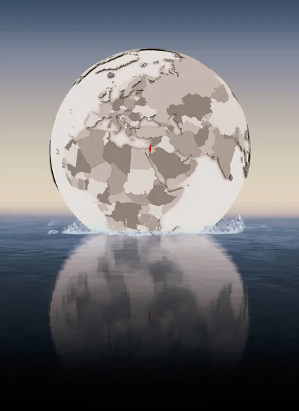 Israel In red on globe floating in water. 3D illustration.