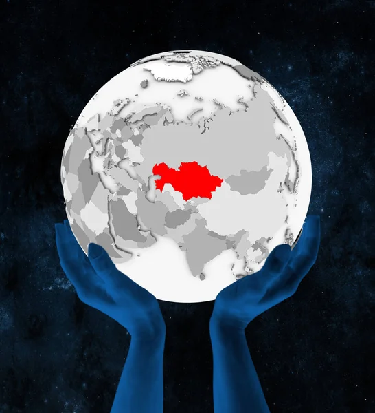 Kazakhstan Rouge Sur Globe Blanc Tenu Dans Les Mains Dans — Photo