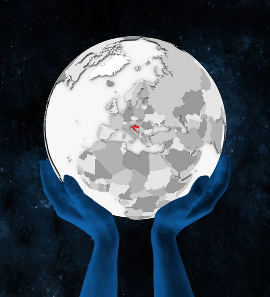 Uzayda Elinde Hırvatistan Içinde Kırmızı Beyaz Küre Üzerinde Tutulan Çizim — Stok fotoğraf
