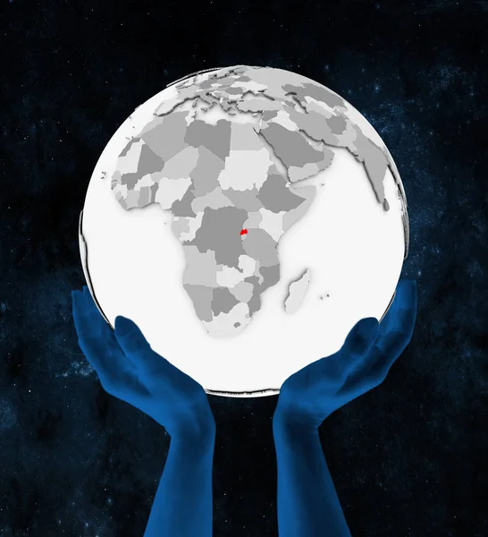 Ρουάντα Κόκκινο Χρώμα Στο Λευκό Globe Πραγματοποιήθηκε Στα Χέρια Στο — Φωτογραφία Αρχείου