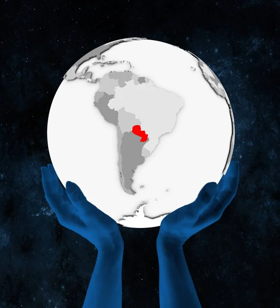 Paraguai Vermelho Sobre Globo Branco Realizada Mãos Espaço Ilustração — Fotografia de Stock