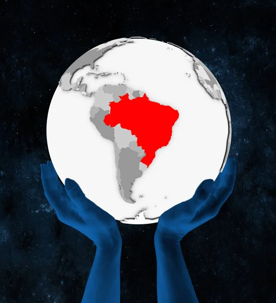 Βραζιλία Κόκκινο Χρώμα Στο Λευκό Globe Πραγματοποιήθηκε Στα Χέρια Στο — Φωτογραφία Αρχείου
