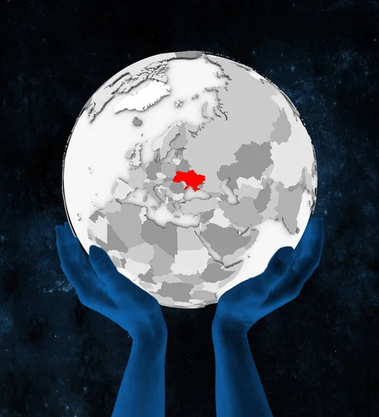 Uzayda Elinde Ukrayna Içinde Kırmızı Beyaz Küre Üzerinde Tutulan Çizim — Stok fotoğraf