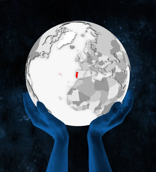葡萄牙在红色在白色地球在手在空间举行了 — 图库照片