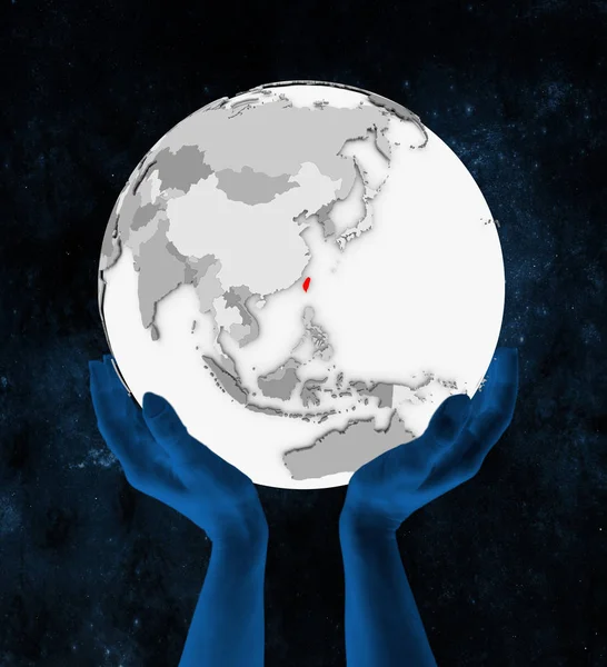 Uzayda Elinde Tayvan Içinde Kırmızı Beyaz Küre Üzerinde Tutulan Çizim — Stok fotoğraf