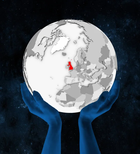 Uzayda Elinde Ngiltere Içinde Kırmızı Beyaz Küre Üzerinde Tutulan Çizim — Stok fotoğraf