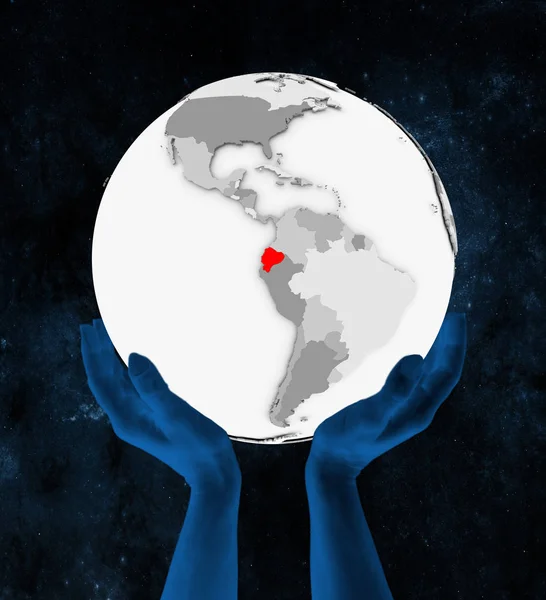 Ecuador Rojo Sobre Globo Blanco Sostenido Las Manos Espacio Ilustración — Foto de Stock
