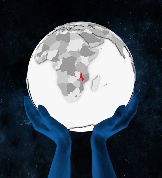 Малави Красном Белом Глобусе Держатся Руках Космосе Иллюстрация — стоковое фото