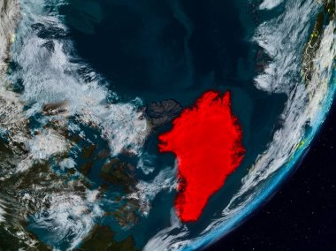Grönland Planet Earth görünür ülke sınırları ile gece uzaydan. 3D çizim. Nasa tarafından döşenmiş bu görüntü unsurları.