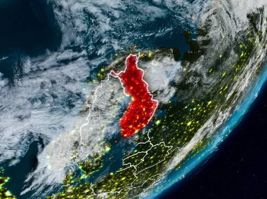 Finlandiya Planet Earth görünür ülke sınırları ile gece uzaydan. 3D çizim. Nasa tarafından döşenmiş bu görüntü unsurları.